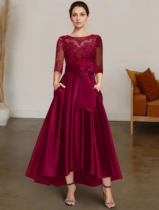 Wholesale A-Line Chrismas Dress Mother of the Bride Dress Formal Wedding Guest Elegant High Low Bateau Neck Asymmetrical Satin Lace 3/4 Length Sleeve with Lace Sash / Ribbon