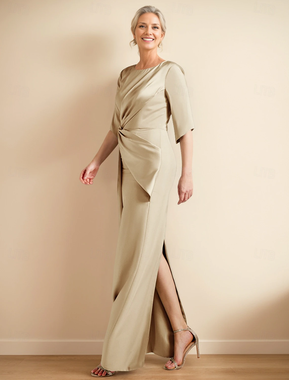 Wholesale Sheath / Column Dress Mother of the Bride Dress Elegant Jewel Neck Ankle Length Satin Half Sleeve with Ruched