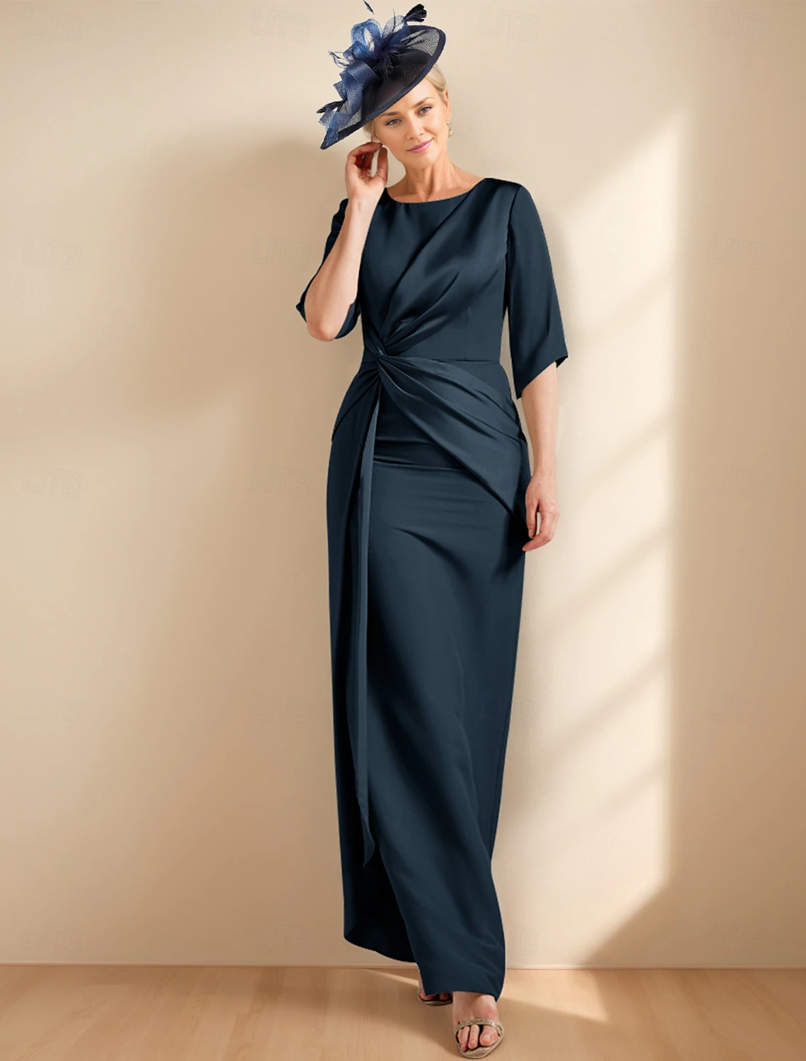 Wholesale Sheath / Column Dress Mother of the Bride Dress Elegant Jewel Neck Ankle Length Satin Half Sleeve with Ruched