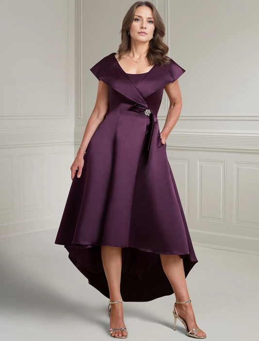 Wholesale Purple A-Line Mother of the Bride Dress Elegant Vintage V Neck Asymmetrical Satin Short Sleeve with Buttons