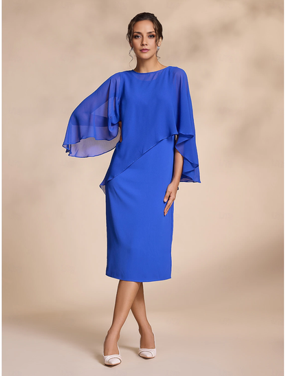 Wholesale Elegant Blue Chiffon Causal Round Sleeve 2 Piece Midi Mother of the Bride Dress