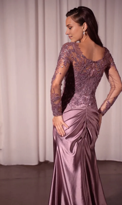 Wholesale Elegant Dusty Lavender Dress For Formal Applique Satin Long Sleeve Slit Gown Long Dress With Sleeves Prom