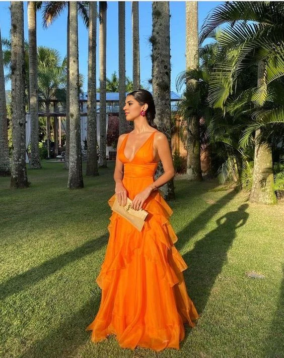 Wholesale Elegant Gowns Evening Dresses Ruffles Orange Long Prom Dresses V Neck Wedding Guest Dress Prom Dresses Stores