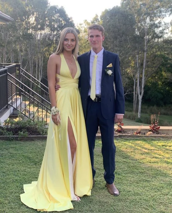 Wholesale Elegant Formal Women's Dresses Deep V Neck Yellow A Line Long Prom Dress With Slit