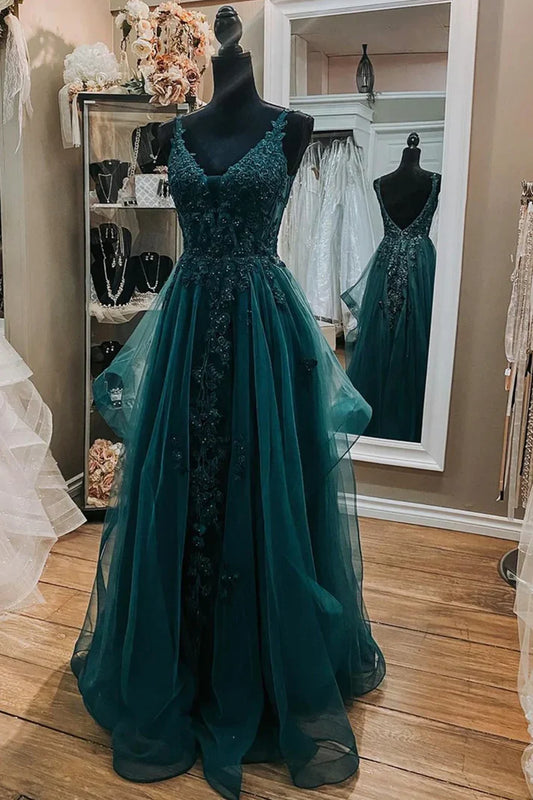 Wholesale Elegant Dresses Gowns Evening Dresses V Neck Dark Green Lace Long Prom Dresses A Line Tulle Evening Dresses