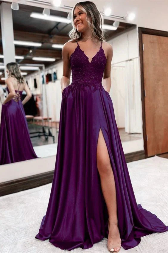 Wholesale Elegant Formal Women's Dresses A Line Satin Long Prom Dresses Appliques Split Formal Dress