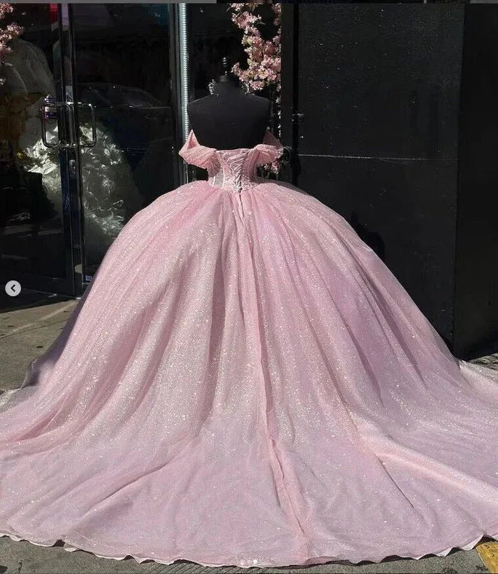 Wholesale Elegant Pink Quinceanera Ball Gowns Sweet 16 Off The Shoulder Birthday Dress