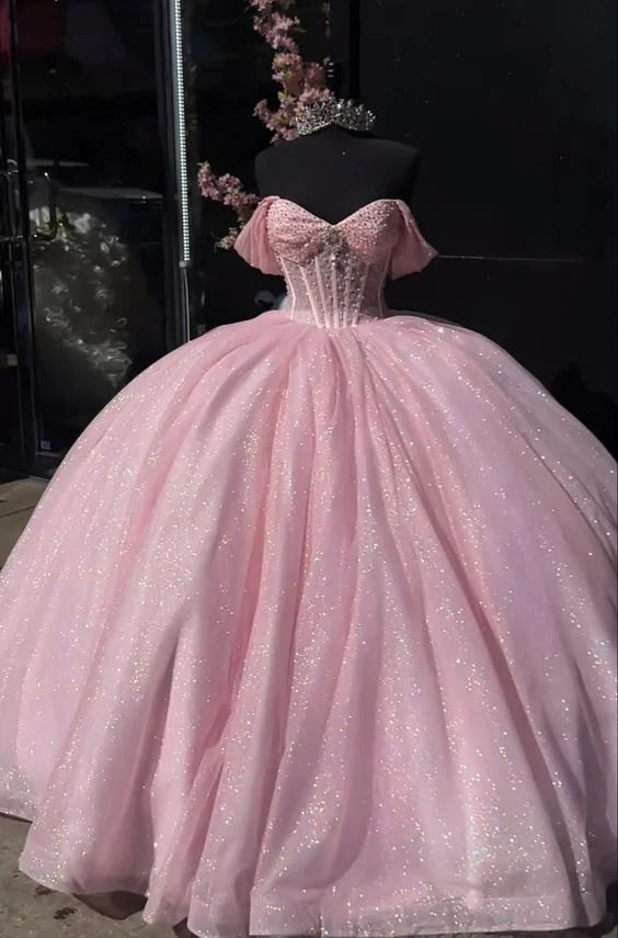 Wholesale Elegant Pink Quinceanera Ball Gowns Sweet 16 Off The Shoulder Birthday Dress