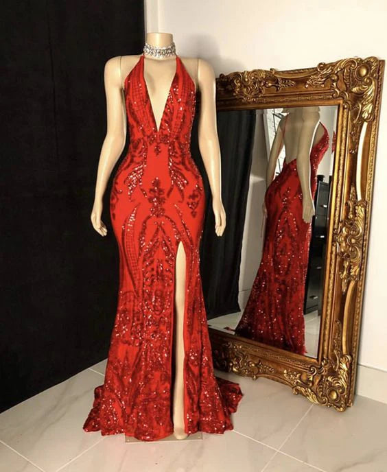 Wholesale Elegant Formal Women's Dresses Red Mermaid Long Prom Dress Slit Sequin Evening Dress