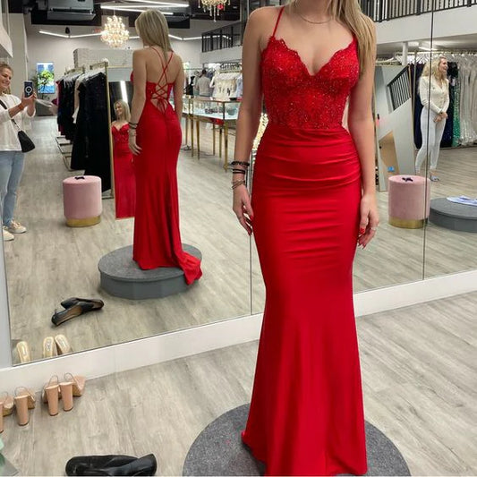 Wholesale Elegant Formal Women's Dresses Red V Neck Long Prom Dresses Mermaid Evening Gown