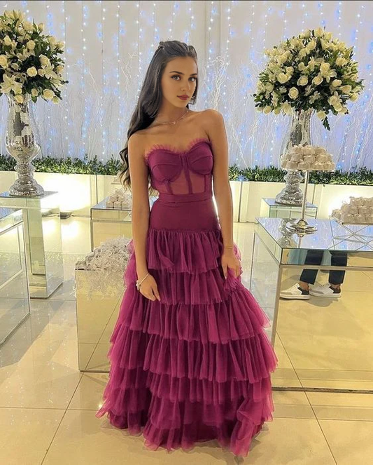 Wholesale Elegant Strapless A Line Prom Dress Layered Evening Gown Formal Women's Dresses