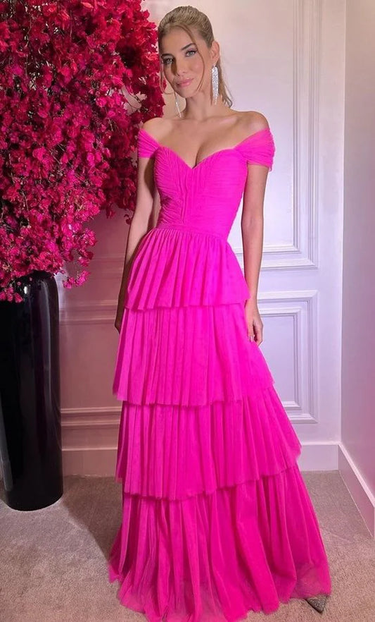 Wholesale Elegant Dresses Gowns Evening Dresses Hot Pink Off The Shoulder Prom Dresses Long Evening Gowns