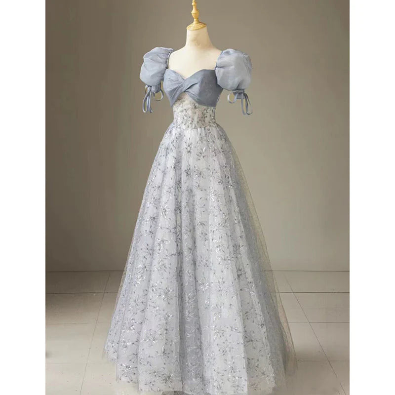 Wholesale Elegant Formal Women's Dresses Cute Floral Printed Long Prom Dress A Line Puff Sleeves Blue Party Gown