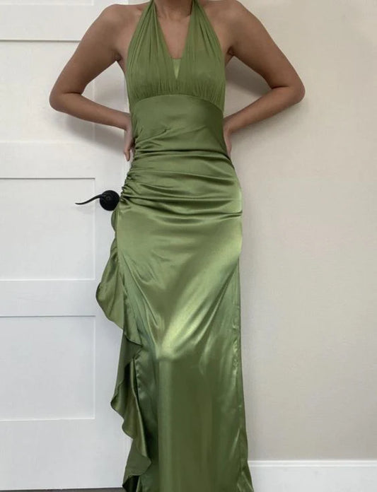 Wholesale Elegant Prom Dresses Halter Green Satin Long Prom Dress Ruffle Formal Party Gown