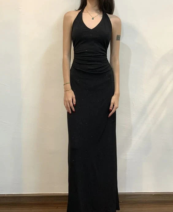 Wholesale Elegant Formal Women's Dresses Halter Black Long Prom Dress Vintage Evening Dress