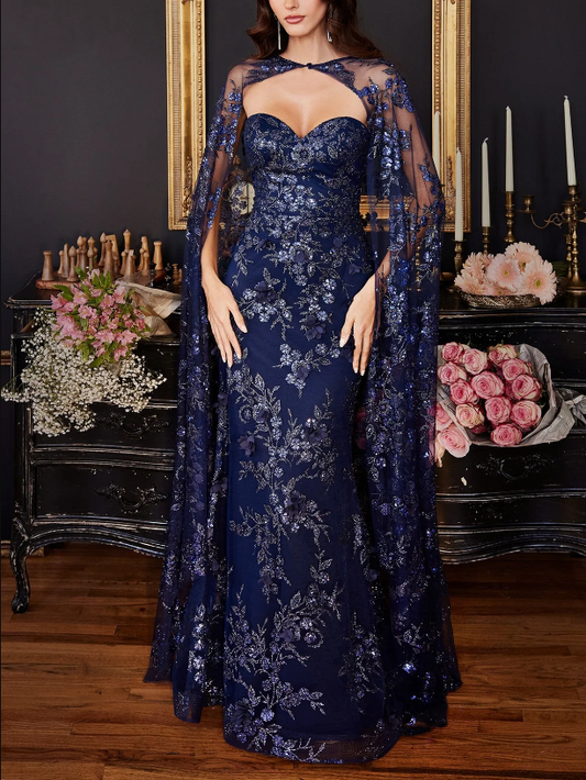 Wholesale Fashion Gowns Evening Dresses Glitter Fitted Strapless Cape Gown Formal Dresses