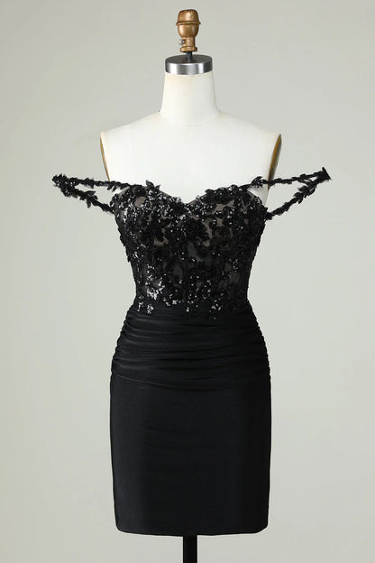 Wholesale Short Homecoming Dress Unique Black Sheath Off the Shoulder Graduation Dresses with Appliques