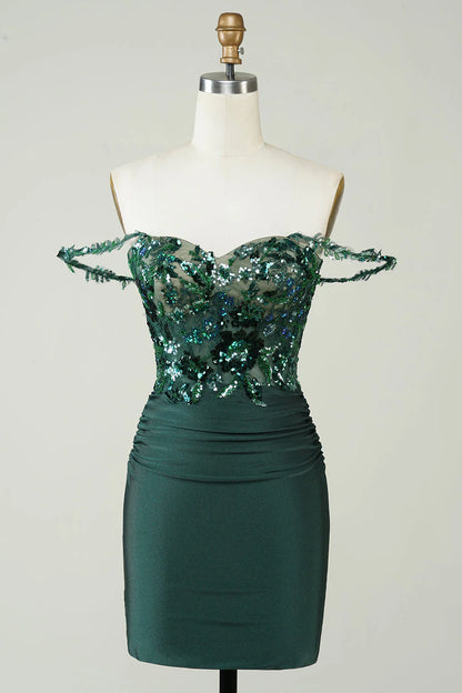 Wholesale Sheath Off the Shoulder Short Homecoming Dress Dark Green with Appliques