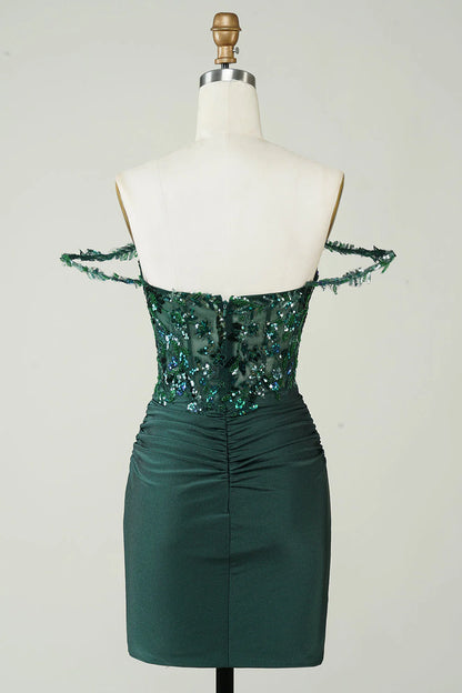 Wholesale Sheath Off the Shoulder Short Homecoming Dress Dark Green with Appliques