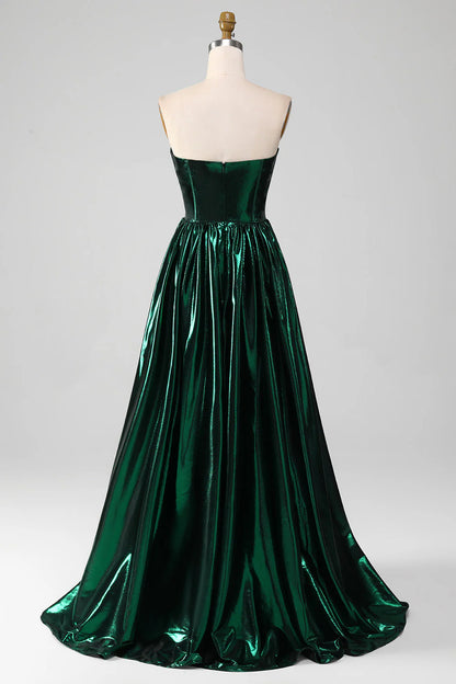 Wholesale A-Line Evening Dress Sweetheart Corset Metallic Long Prom Dress Glitter Dark Green