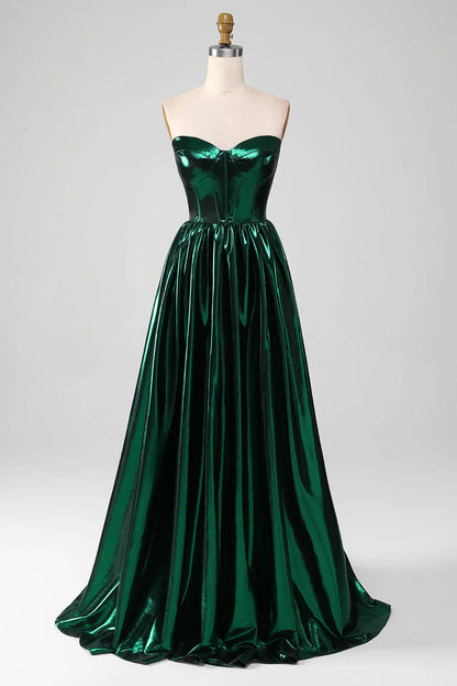 Wholesale A-Line Evening Dress Sweetheart Corset Metallic Long Prom Dress Glitter Dark Green