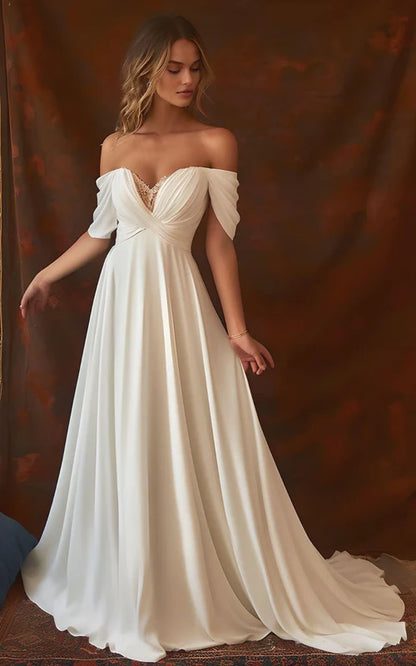 Wholesale Elegant A-Line Chiffon Sleeveless Off-the-Shoulder Wedding Dress with Ruching Floor Length