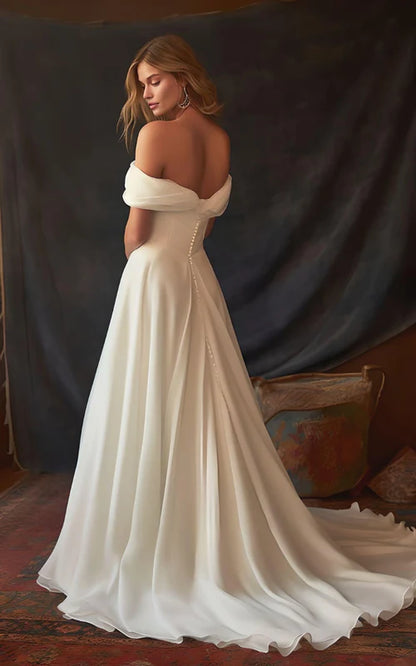 Wholesale Elegant A-Line Chiffon Sleeveless Off-the-Shoulder Wedding Dress with Ruching Floor Length