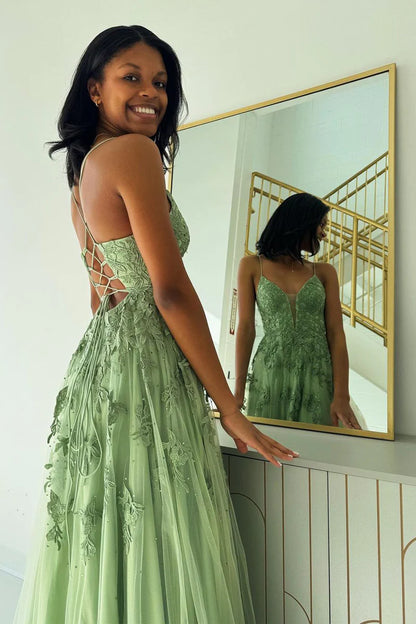 Wholesa Sage Green V Neck Tulle A-Line Long Prom Dresses with Appliques