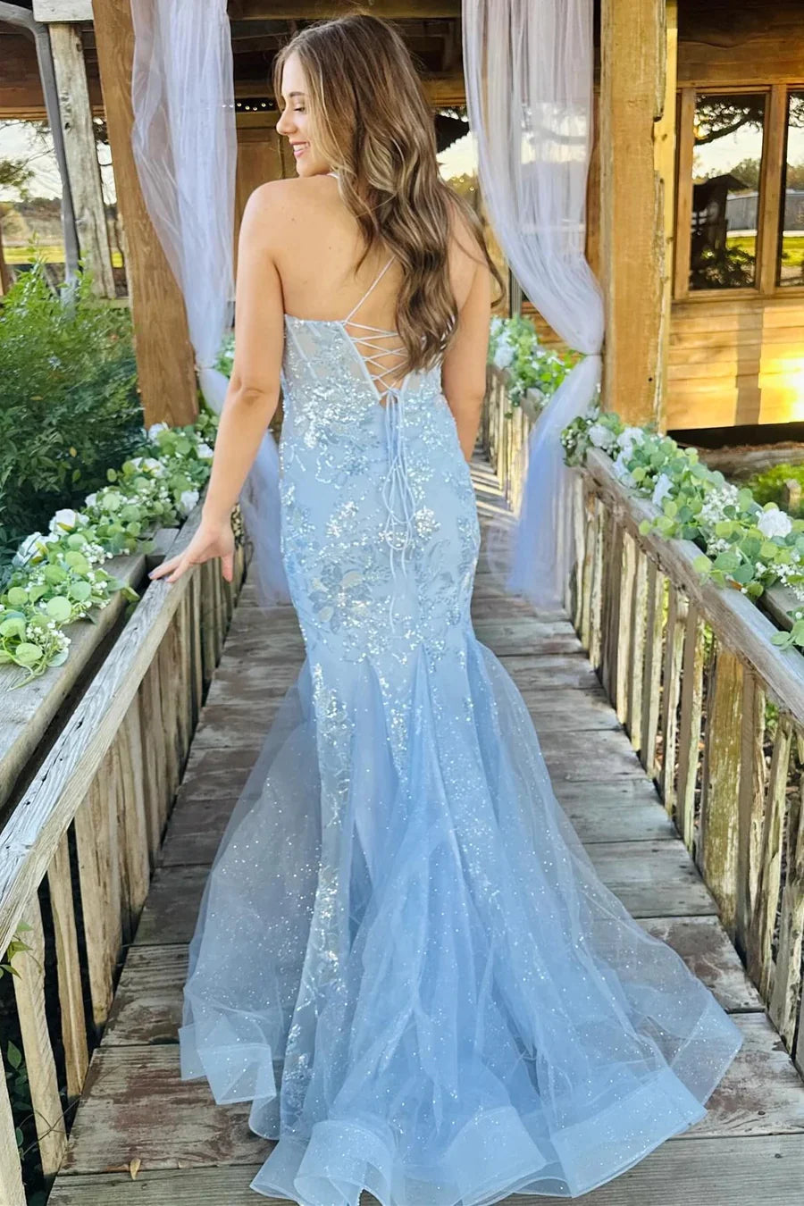 Wholesa Light Blue Scoop Neck Sequin Lace Trumpet Long Prom Dresses