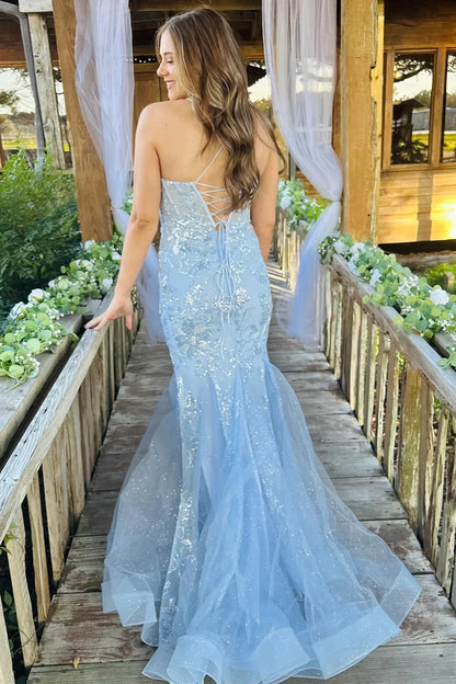 Wholesa Light Blue Scoop Neck Sequin Lace Trumpet Long Prom Dresses