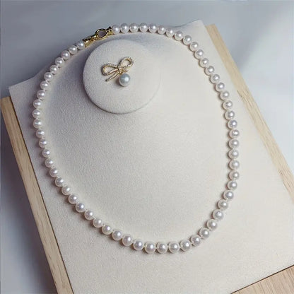 Wholesale 1pc Freshwater Pearl Necklace, Elegant Style Zircon Bow Decor Pearl Necklace With 14K Gold Plated Sterling Silver Clasp Design, Banquet Jewelry Gift With Box