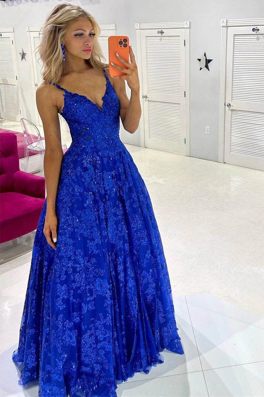 Wholesa Royal Blue Sequin Lace V-Neck A-Line Long Prom Dress