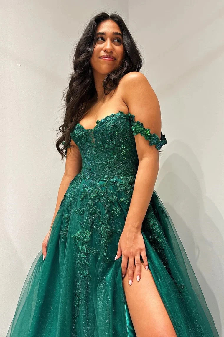 Wholesa Glitter Emerald Appliques Off-the-Shoulder A-Line Long Prom Dress