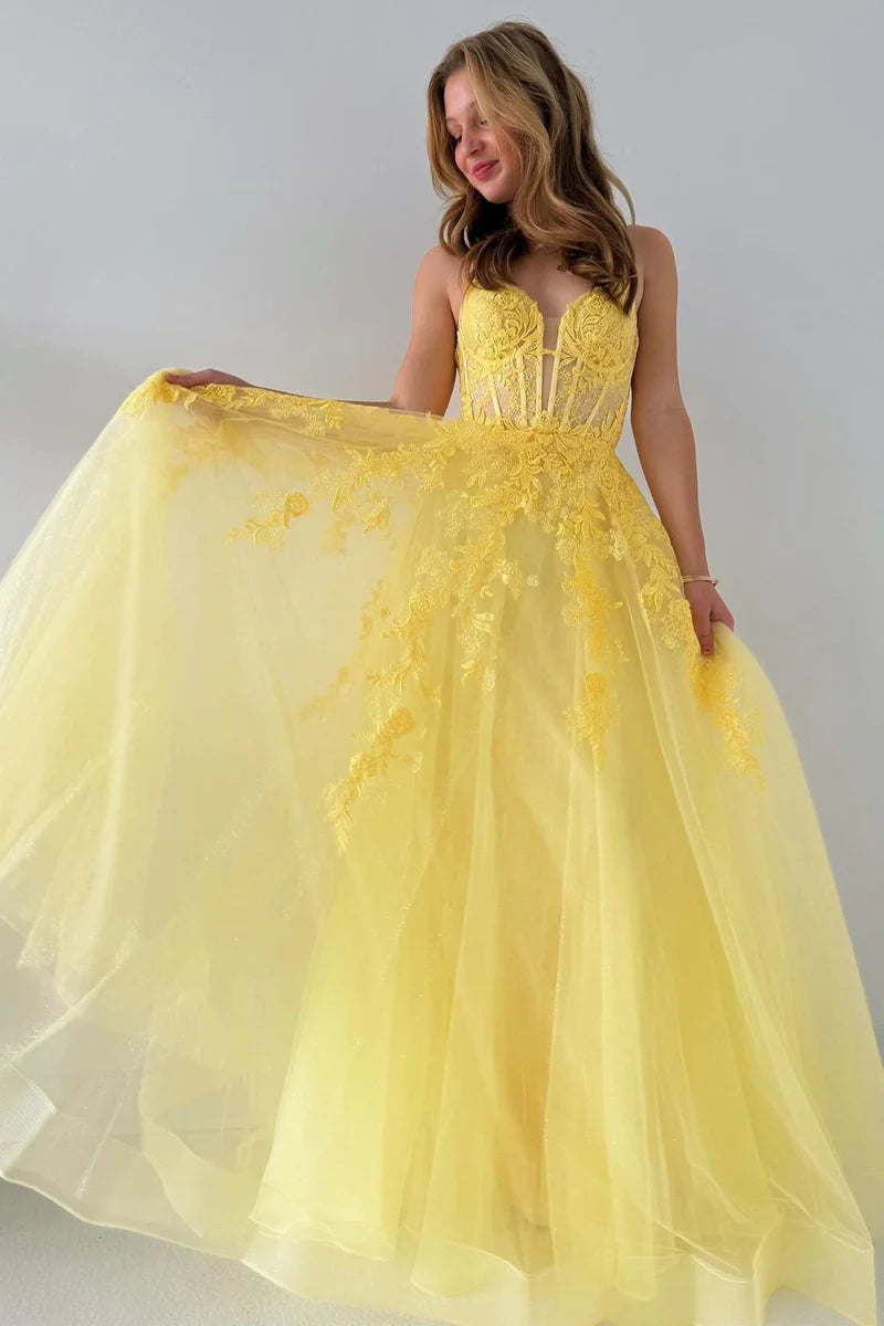 Wholesa A-Line V Neck Yellow Tulle Lace Long Prom Dresses