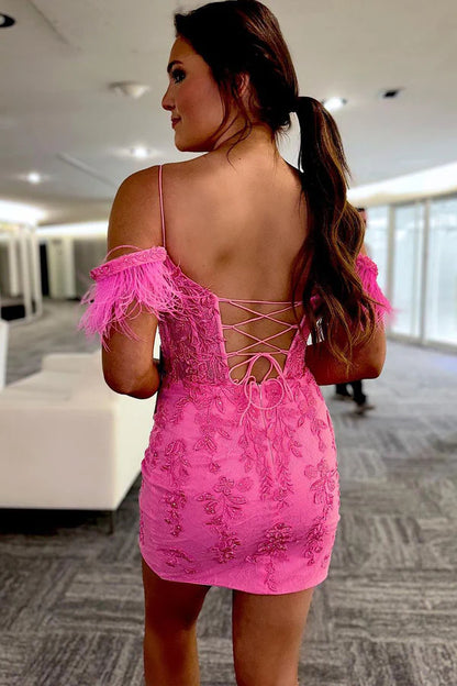 Wholesale Fashion Evening Dress Sheath Off the Shoulder Pink Lace Homecoming Dress