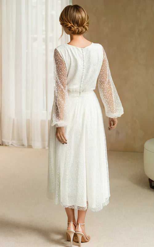 Wholesale Elegant A-Line Tulle White Tea-Length Long Sleeve Wedding Dress