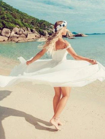 Wholesale Beach Sexy Boho Wedding Dresses A-Line Off Shoulder Cap Sleeve Court Train Chiffon Bridal Gowns With Split Front Solid Color 2023 Summer Wedding Party