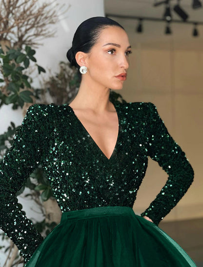 Wholesa Ball Gown A-Line Cocktail Dress Red Green Dresses Vintage Dress Evening Party Cocktail Party Tea Length Long Sleeve Jewel Neck Fall Wedding Guest Tulle with Sequin