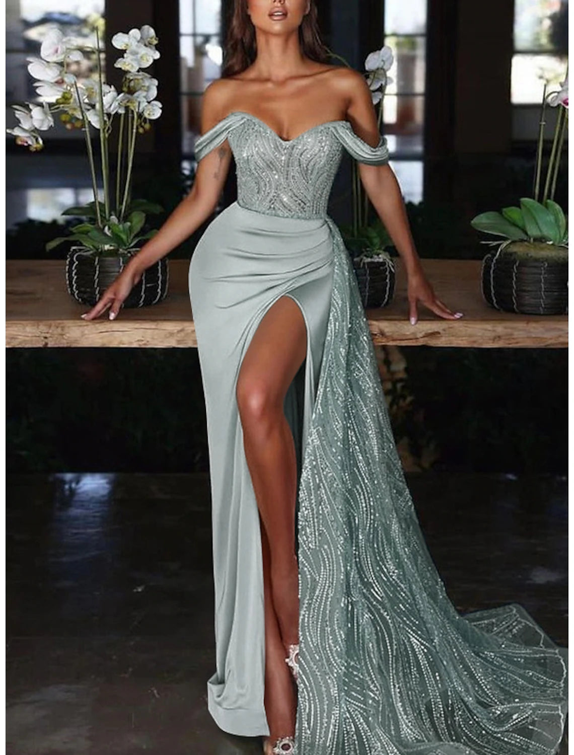 Wholesa Mermaid Dress Evening Gown Red Green Dress Dress Formal Wedding Guest Court Train Sleeveless Off Shoulder Charmeuse with Ruched Sequin Slit