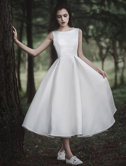 Wholesale Reception Little White Dresses Wedding Dresses A-Line Scoop Neck Sleeveless Tea Length Satin Bridal Gowns With Solid Color 2023 Summer Wedding Party