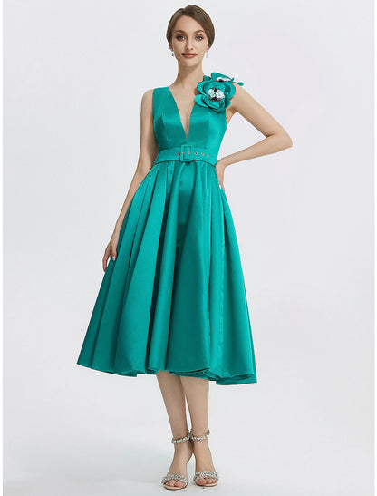 Wholesa A-Line Cocktail Dresses Elegant Dress Formal Tea Length Sleeveless V Neck Satin with Appliques