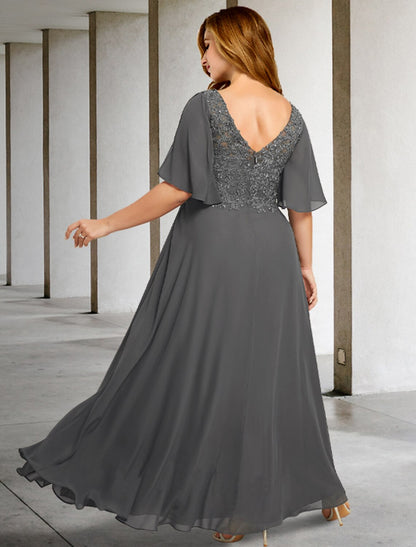 Wholesa A-Line Mother of the Bride Dresses Plus Size Hide Belly Curve Elegant Dress Formal Floor Length Short Sleeve V Neck Chiffon with Pleats Appliques