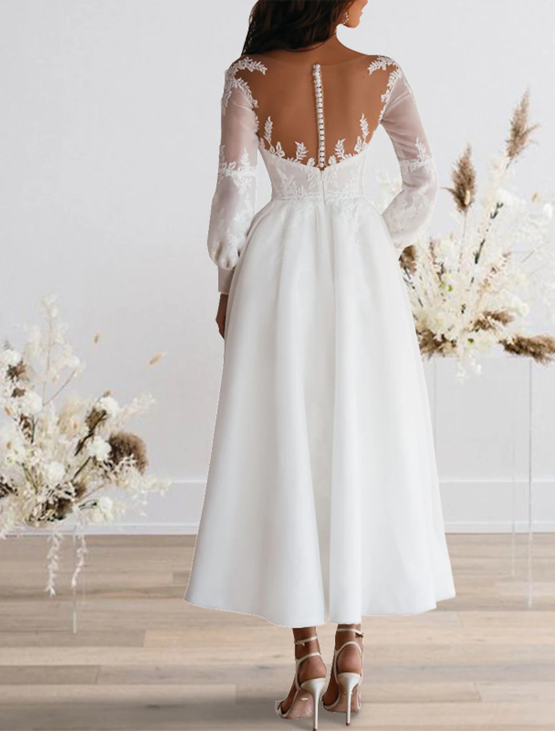 Wholesa Reception Simple Wedding Dresses Wedding Dresses A-Line Sweetheart Camisole Spaghetti Strap Tea Length Satin Bridal Gowns With Solid Color