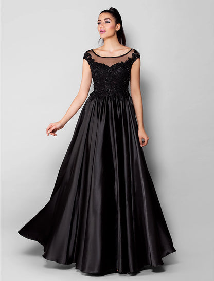 Wholesa Ball Gown Minimalist Formal Evening Dress Illusion Neck Short Sleeve Floor Length Stretch Satin with Beading Appliques