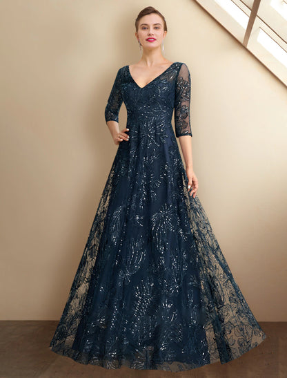 wholesale  A-Line Mother of the Bride Dress Elegant Sparkle & Shine V Neck Floor Length Chiffon Lace Sequined 3/4 Length Sleeve with Sequin Appliques