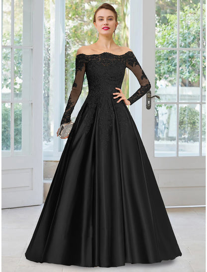 wholesale A-Line Evening Gown Black Dress Formal Court Train Long Sleeve Off Shoulder Lace with Appliques