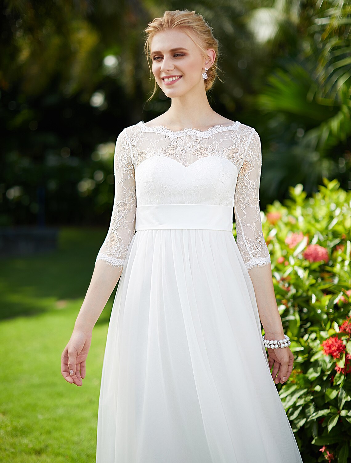 wholesale  Beach Wedding Dresses A-Line Bateau Neck 3/4 Length Sleeve Ankle Length Tulle Over Lace Bridal Gowns With Sashes / Ribbons Bow(s)