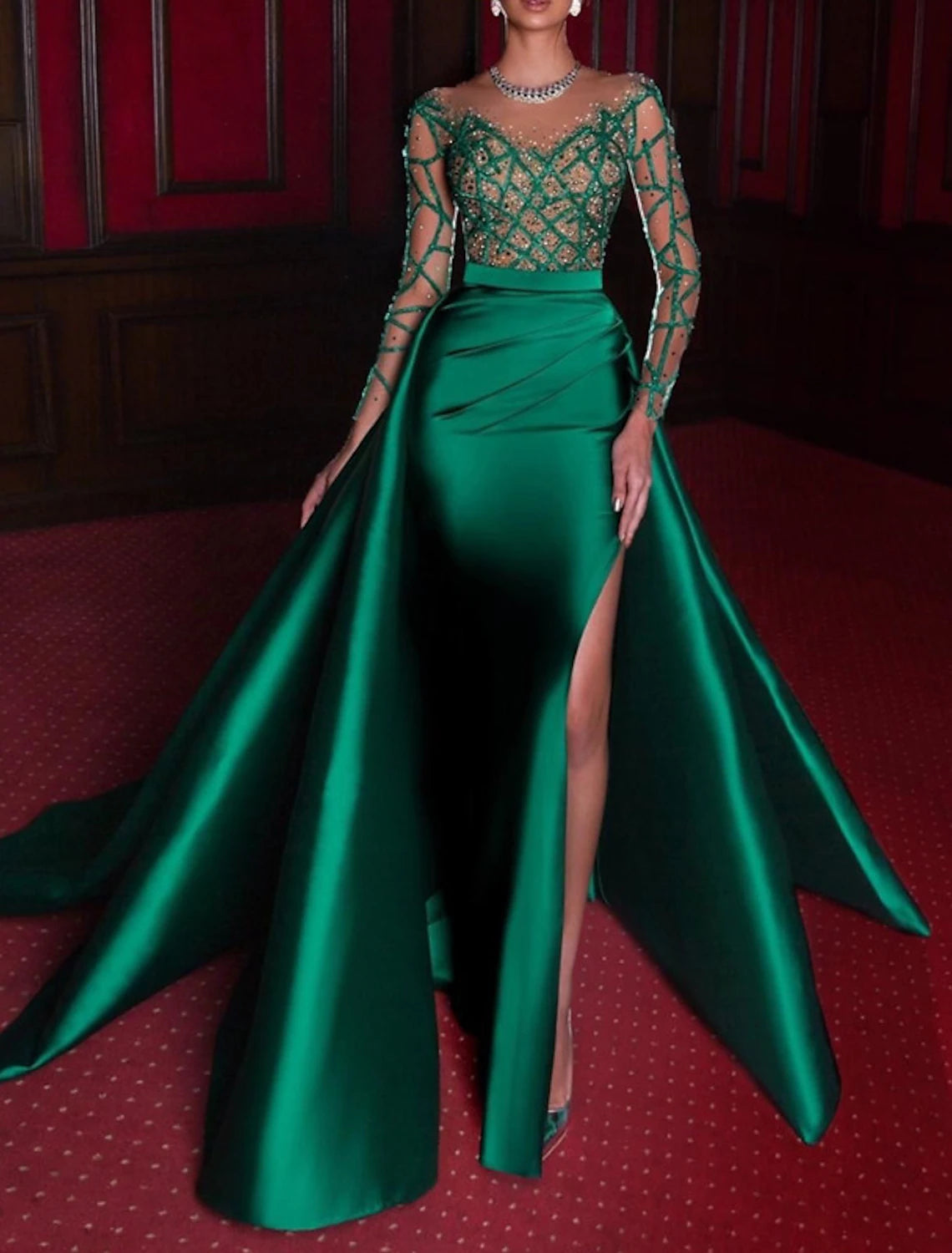 Aimishang Mermaid Evening Gown Luxurious Dress Carnival Red Green Dress Court Train Long Sleeve Jewel Neck Satin Prom Dress