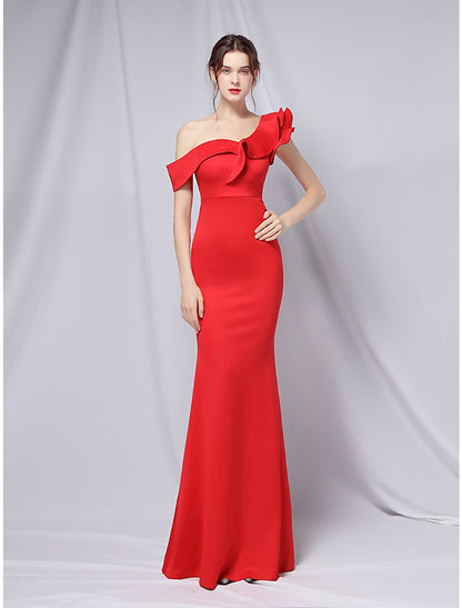 Wholesa Mermaid Party Dress Evening Gown Empire Dress Wedding Guest Formal Evening Floor Length Short Sleeve One Shoulder Stretch Satin with Ruffles