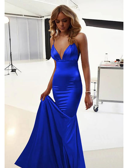 wholesale  Mermaid / Trumpet Wedding Guest Dresses Sexy Dress Prom Floor Length Sleeveless Spaghetti Strap Cotton Backless with Ruched